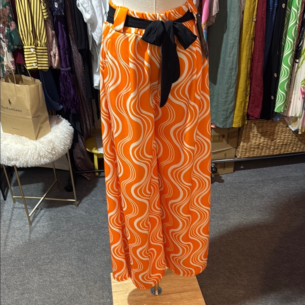 Orange and White Wide Leg Pants with Psychedelic Pattern